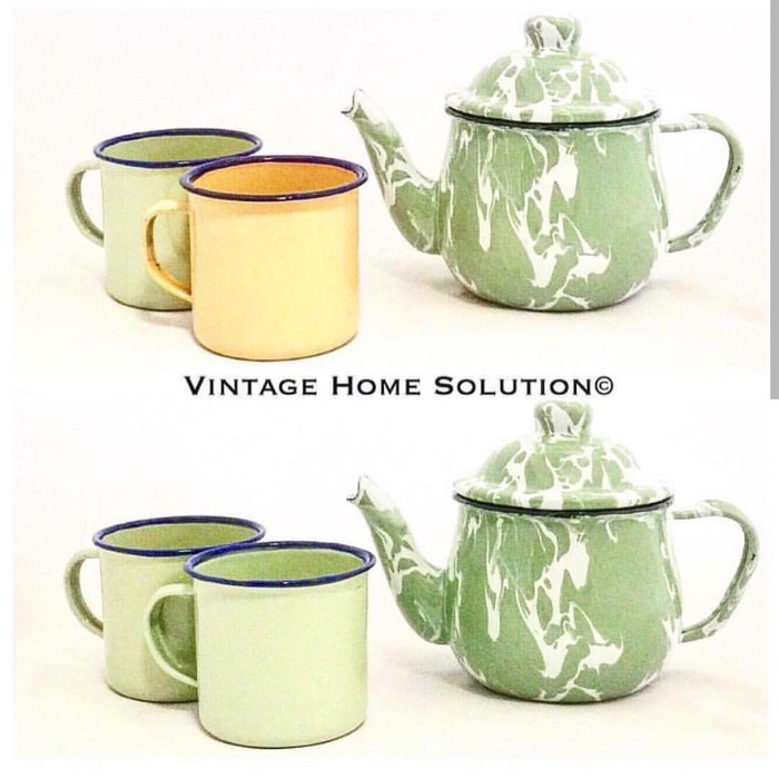 Minum Set Teko Cebol + 2Pcs Cangkir Enamel Jadul Seng Gelas Kaleng Tea Set