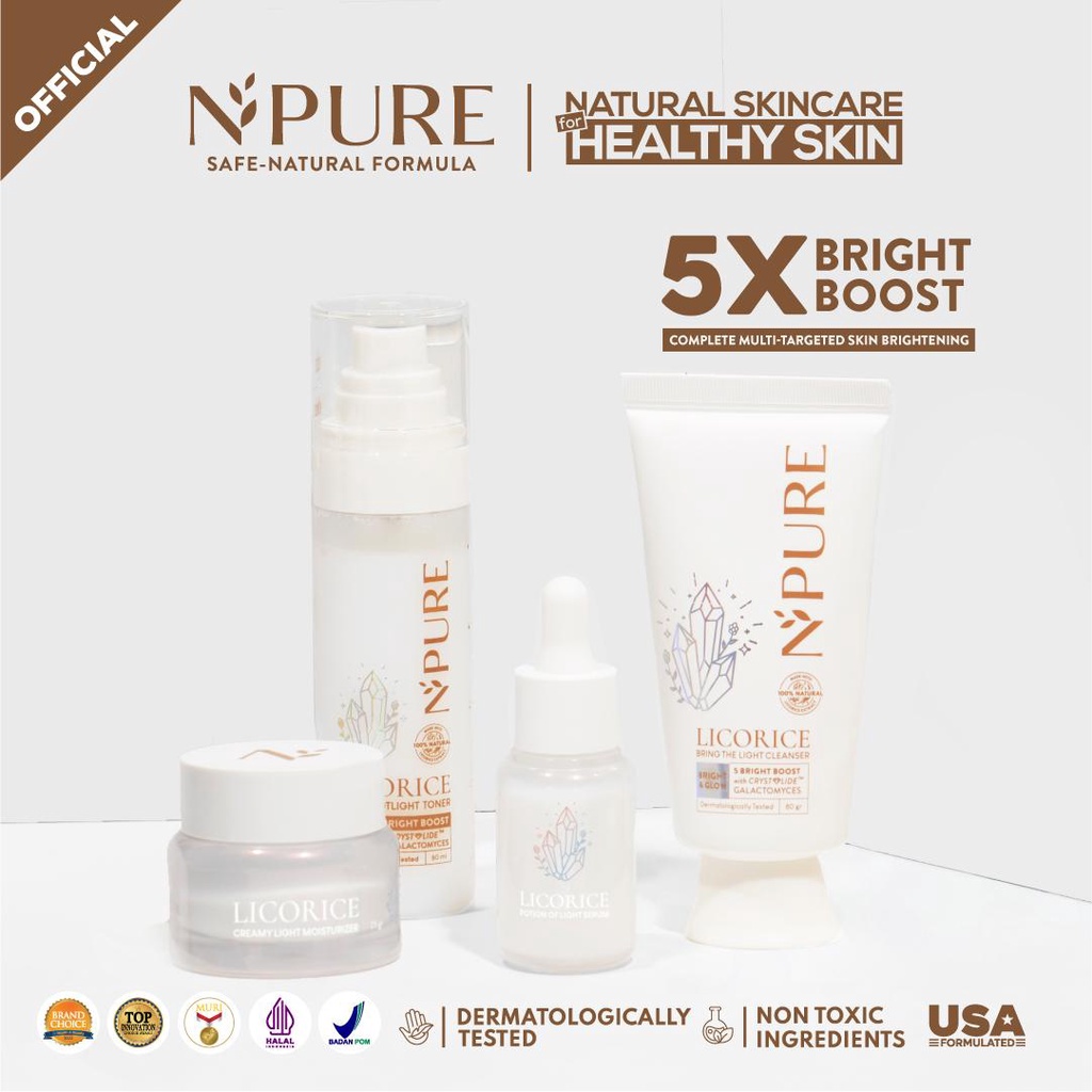 NPURE Licorice Skincare Series - Bring The Light Cleanser 80gr / Licorice Advanced Peeling Gel 50ml / Potion of Light Serum 20ml / Milky Spotlight Toner 80ml /Creamy Light Moisturizer 25gr / Brightening Pad - Peeling Gel by Npure Original BPOM