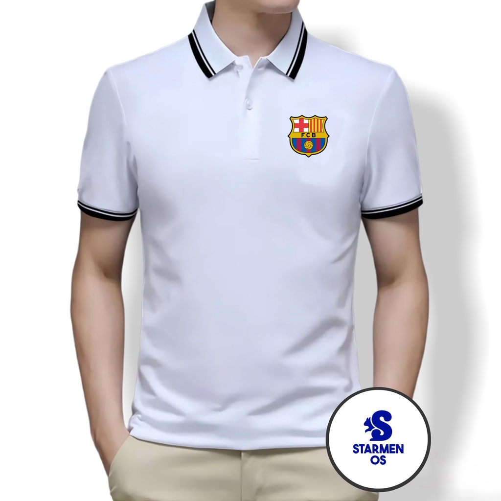 Kaos Polo Shirt Pria Kerah List Putih logo BARCELONA FCB