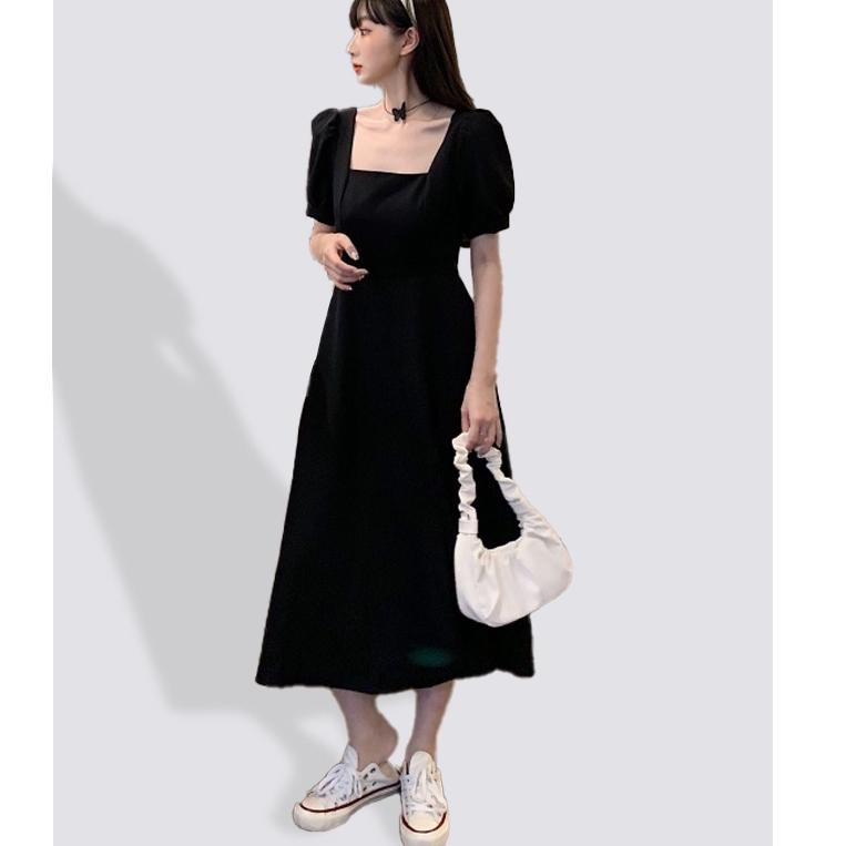 TERMURAH XIAOZHAINV Korea Retro Hitam Gaun Panjang Wanita