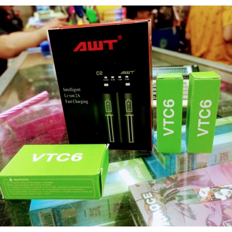 Paket lengkap Charger C2 Awt plus baterai Vtc6 3000mAh imr 18650