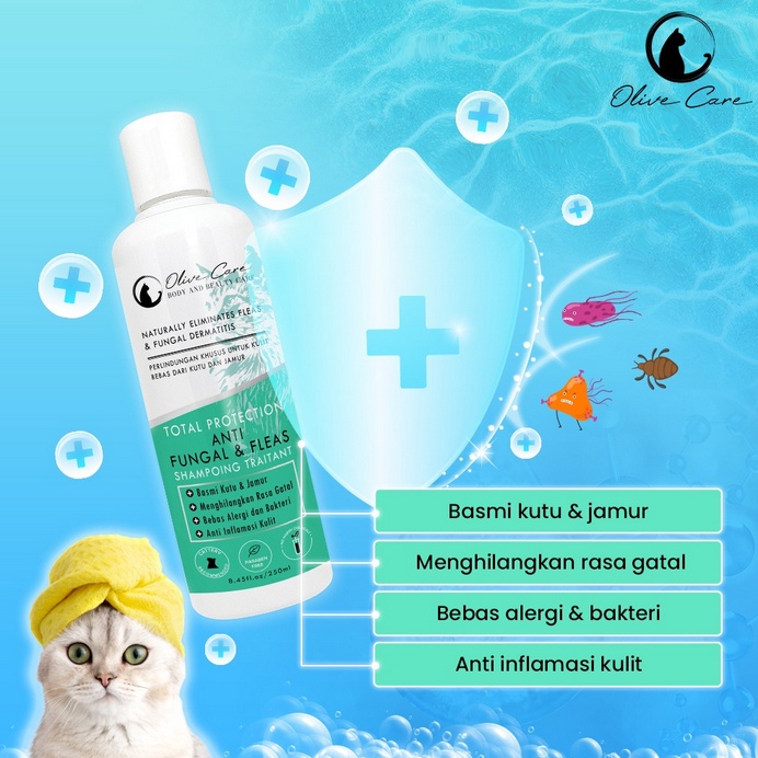 Olive Care Cat Shampo Kucing Anti Fungal &amp; Fleas Untuk Jamur, Kutu, Scabies, Parasit, Alergi dan Radang Kulit