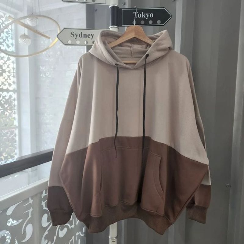 BATWING JUMBO 2TONE NATURAL HOODIE OVERSIZE - SWEATER HOODIE COMBINASI KOREAN STYLE