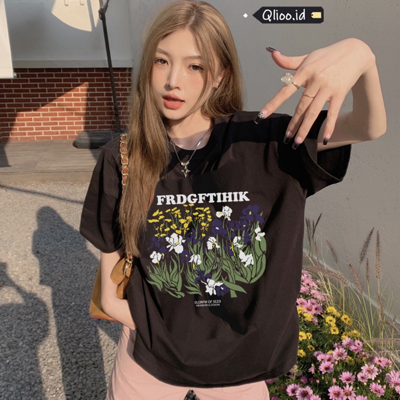 Print T-shirt Kaos Lengan Pendek Cartoon Flowers Baju Wanita Oversize Korean Style