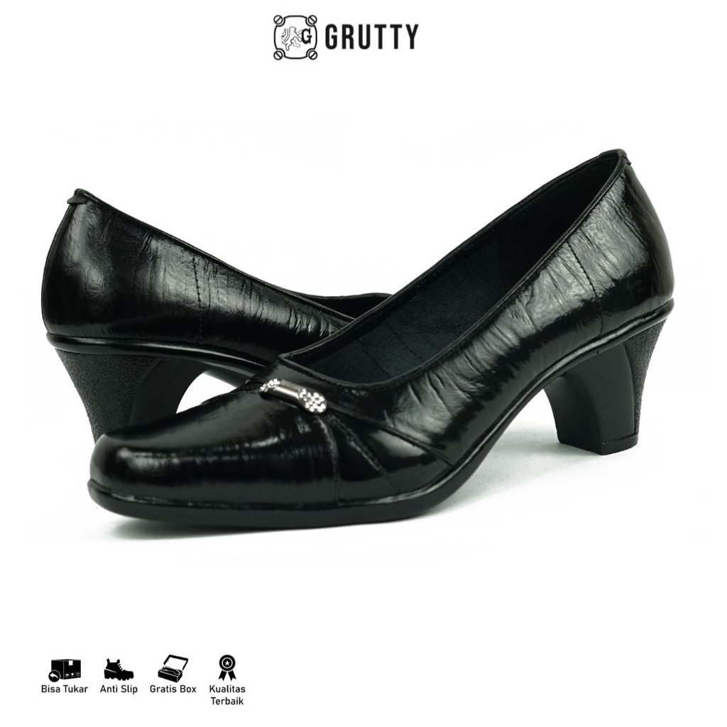 Sepatu Wanita Formal Pantofel Kerja Kantor Kulit Asli GRUTTY Heels Hitam