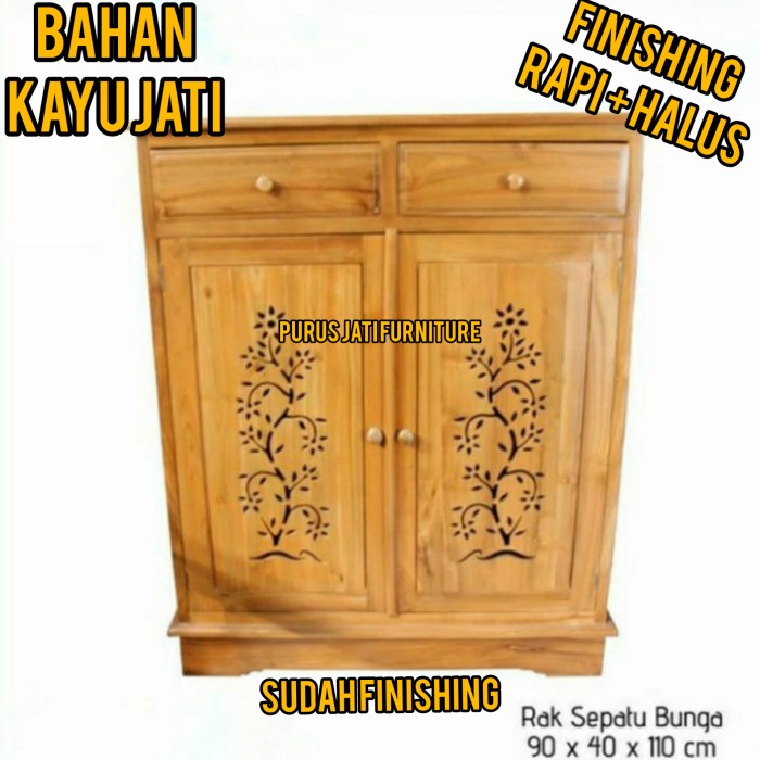 PJ1 Rak Sepatu Kayu Jati Minimalis Pintu Ukir Daun Harga Murah - BELUM FINISHING