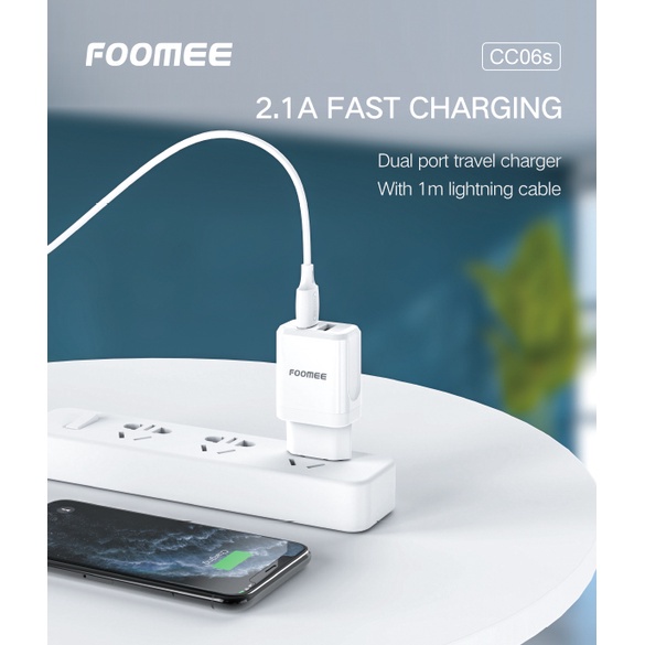 Charger Foomee  CC06s 2.1A Dual Port Travel Charger + 1m Lightning Charging Cable CC06S Charger