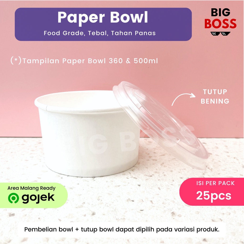 [ISI 25 PCS] Paper Bowl 360ml 500ml 650ml 800ml / Paper Bowl + Tutup / Mangkok Kertas Polos / Mangkok Kertas + Tutup / Paperbowl Polos