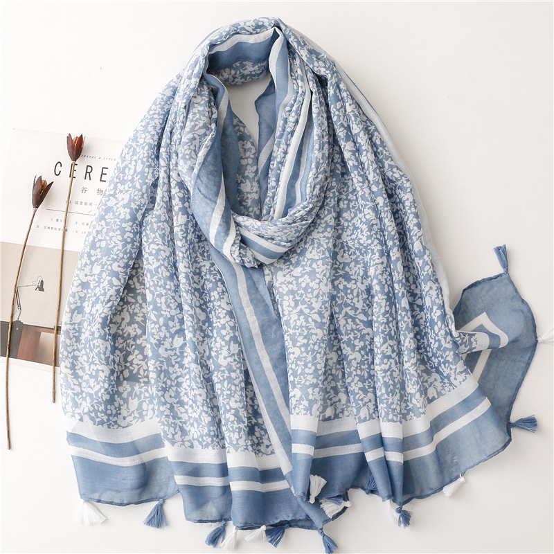 ITSFRIDAY FREYA Scarf - Premium Pashmina Shawl Selendang Syal Pasmina Hijab Import Motif Small Flower Sky Blue Tassel