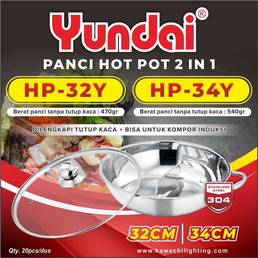 PANCI HOT POT 2 IN 1 (STEAMBOAT) TUTUP KACA STAINLES STEEL 32CM YUNDAI HP-32Y