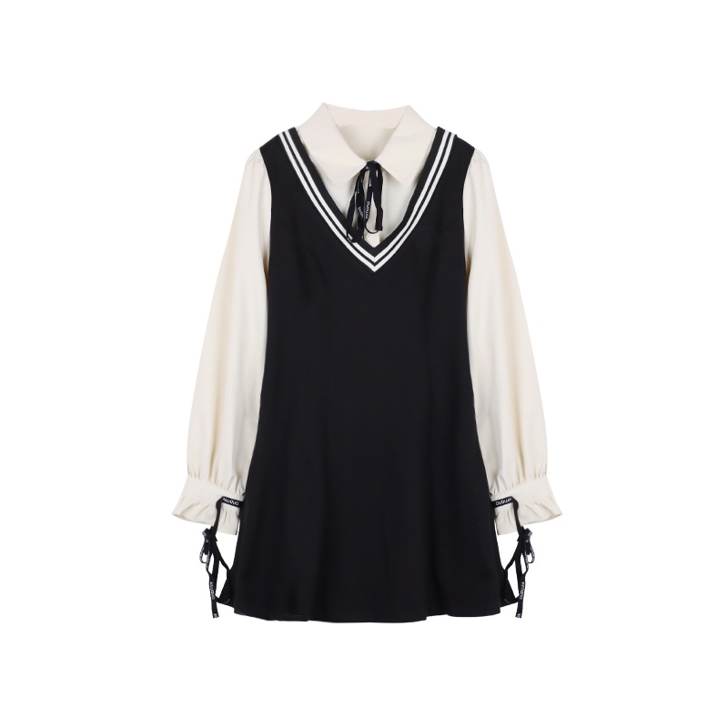 Red kumikumi college style gaun dua potong palsu wanita musim gugur rasa desain pinggang kecil rok A-line pelangsing