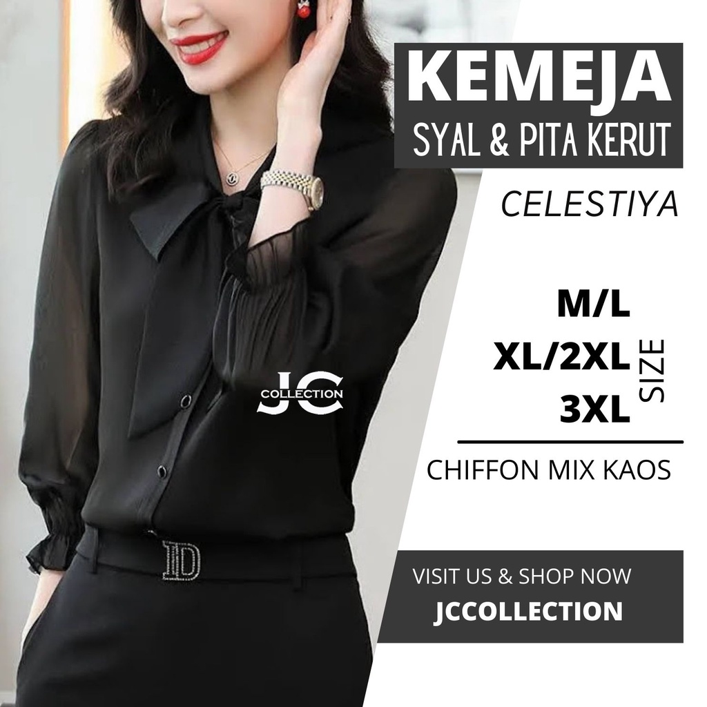 Kemeja lengan panjang Sifon wanita variasi syal leher model terbaru Celesstiya JCCollections