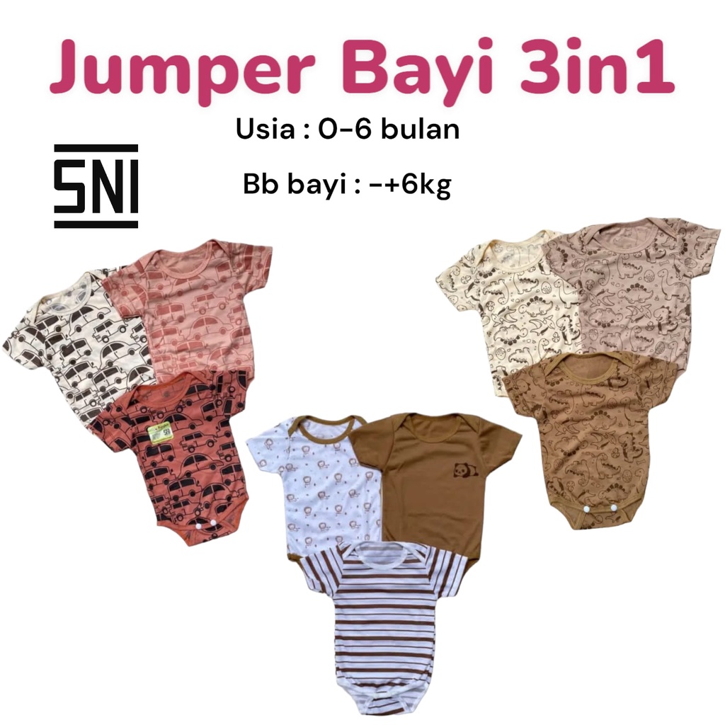 3in1 Jumper Bayi Lengan Pendek SNI Baju Bayi Perempuan Laki Laki 3pcs Jumsuit Bayi Baru Lahir BODYSUIT Jumpsuit Bayi Sleepsuit Bayi Lengan Pendek Romper Bayi Motif Kaos Anak Bayi