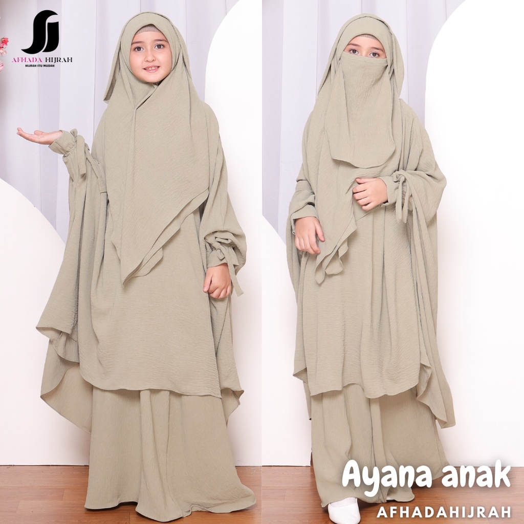 Afhadahijrah - Gamis anak perempuan set cadar Ayana Hoodie crinkle airflow sage baju dan hijab syari