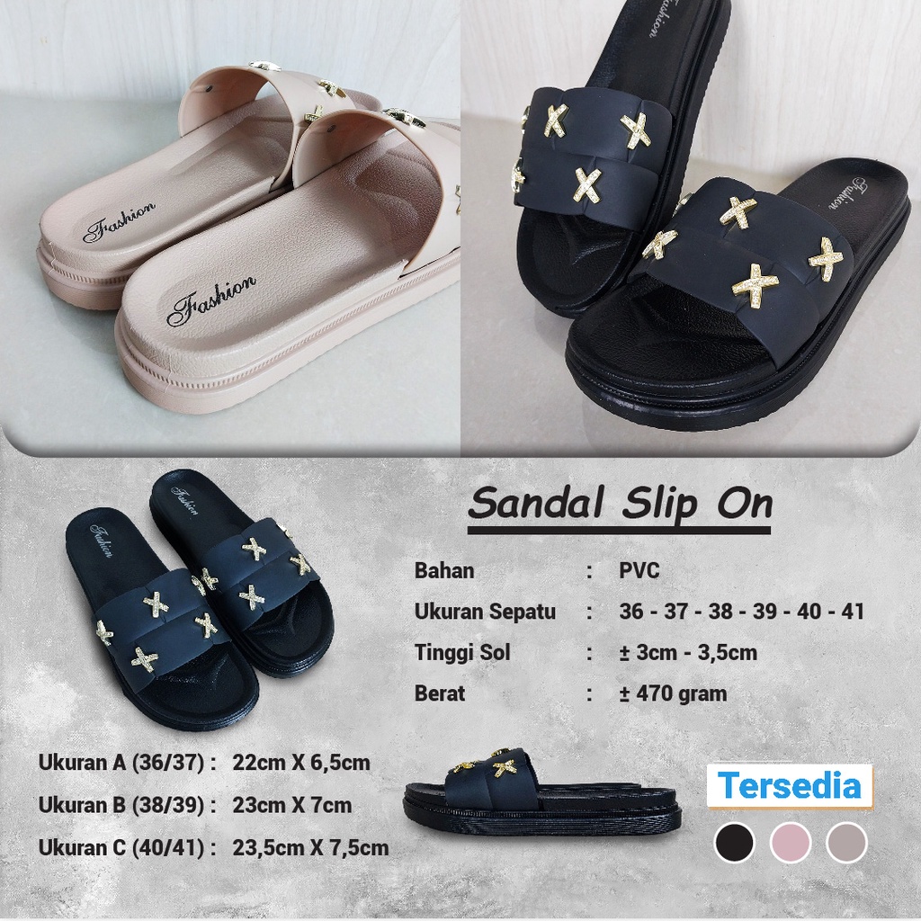 Sandal Slop Flat Sandal Wanita Slip On Fashion Style Cewek Motif Sandal Kasual Nyaman Lentur Empuk PVC Satu7an SPT-48