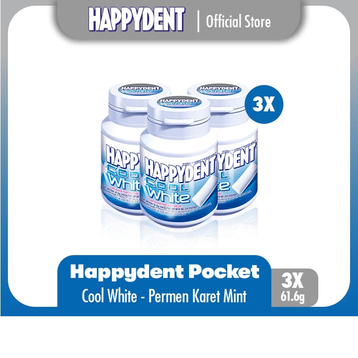 

Happydent Cool White Bottle 61.6g - Permen Karet Rasa Mint (3 Bottles)