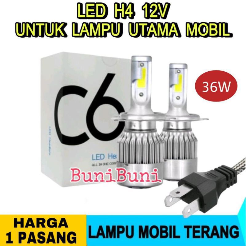 Bohlam LAMPU Utama Mobil H4 LED C6 12V 36W 3800LM Cahaya Putih 6000K Super Terang (SEPASANG)