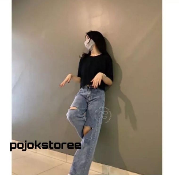 SALE TERBATAS HIGHWAIST KULOT JEANS SOBEK LUTUT LOOSE WANITA SNOW JEANS DENIM CELANA KULOT SOBEK BOY