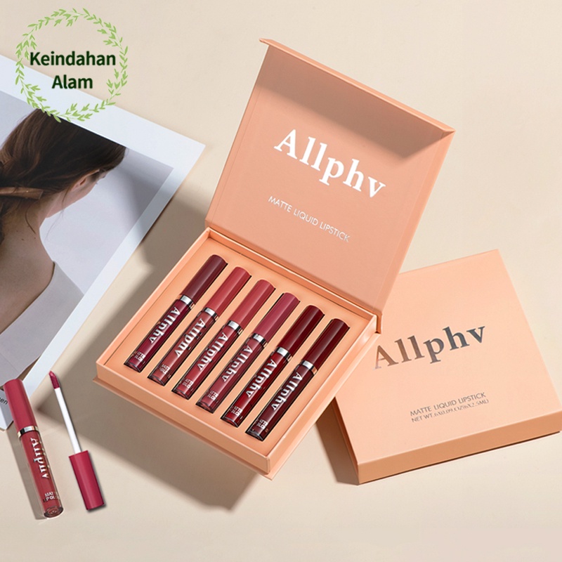 【box isi 6pcs】ALLPHV Lipstik paket 6 warna Makeup Set Matte Liquid Lipstick 6pcs Lip gloss Lipstik Matte Make Over Pelembap Bibir Lembut Tahan Lama Melembabkan