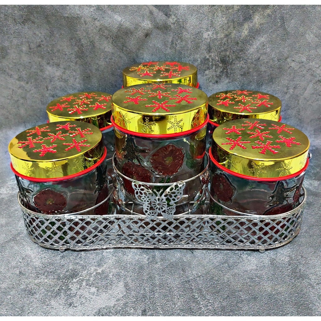 {COD} TOPLES KUE CANTIK SET ISI 6 KACA + KERANJANG SILVER (TOPLES LEBARAN)