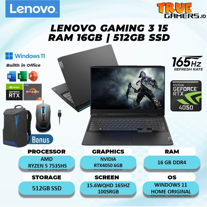 Laptop Gaming 3 15 RTX4050 6GB AMD Ryzen 5 7535 RAM 16GB 15.6WQHD 165HZ 100SRGB