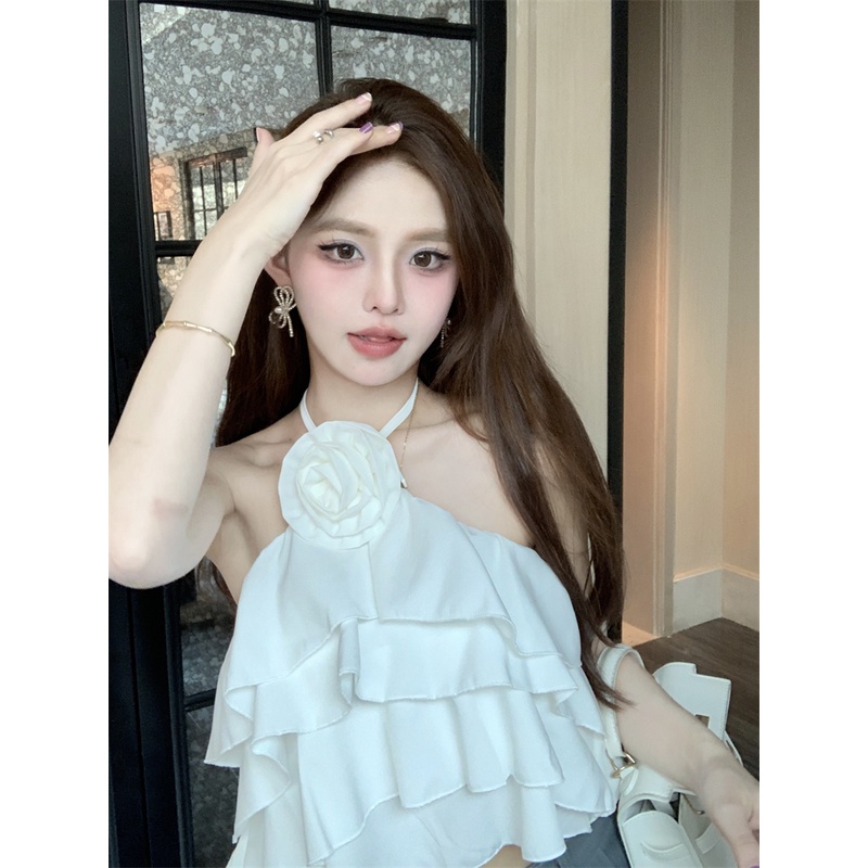 Red Pure desire halter neck small sling bottoming shirt women s summer dress French white ruffles sleeveless outerwear vest top