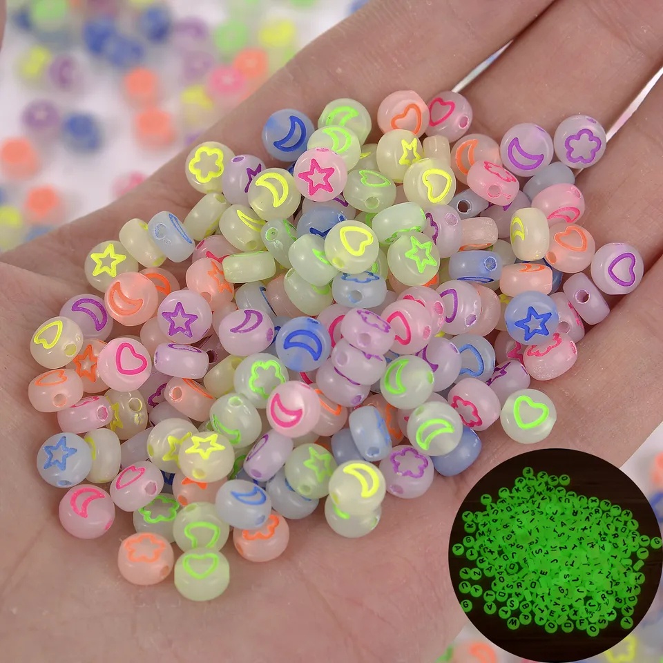 (100 Pcs) Manik Mote Huruf Glow In The Dark Manik Huruf Akrilik Kotak Bulat Bahan Craft