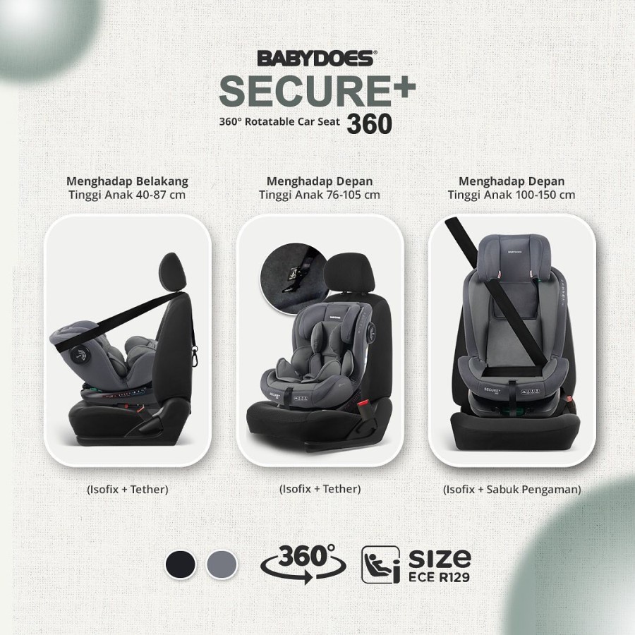 Babydoes Carseat Secure+ 360° Rotatable Carseat 360 / Carseat Babydoes Baldwinz + 360 Carseat R129/ Kursi Mobil Anak