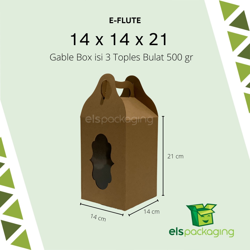 

Dus Gable Box Eflute Premium Dus Eflute Jendela Dus Tenteng Dus Tebal Jendela Dus Toples isi 3 Toples 500gr Gable Box Toples 14x14x21