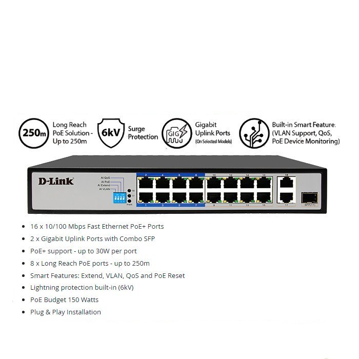 D-Link PoE Switch DES-F1018P-E 16-Port PoE + 2 Gigabit Uplink Ports GARANSI RESMI | DLINK