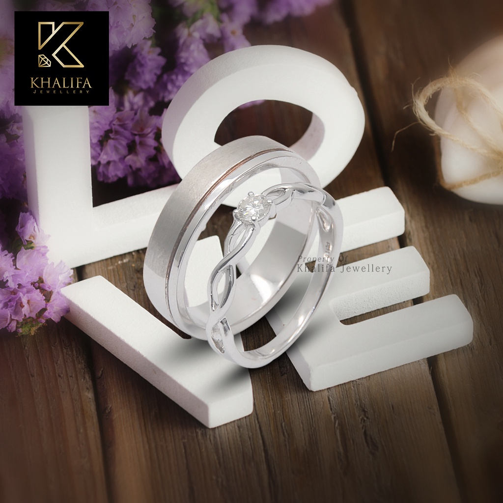 Cincin Kawin/Cincin Tunangan Couple Emas Putih 75%+ Swarovski & Silver