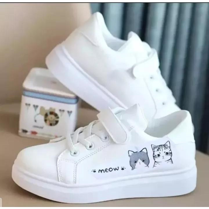 Sepatu Wanita Sneakers Anak Sampai Dewasa Motif Prepet Meow Putih Abu Trendy