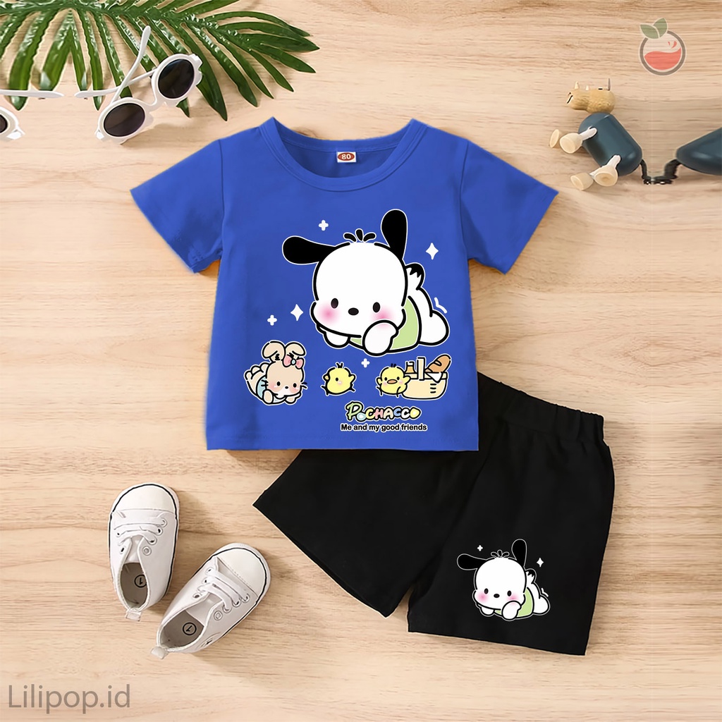 Baju Anak Stelan Kaos 3/4 POCHACO Cowok Cewek  Usia 1-4 Tahun Celana Pendek Harian