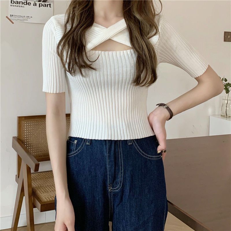 Knitwear Rajut Fashion Korean/Cut Out Short Sleeve Knit Top Atasan Crop Atasan Korean Style Wanita