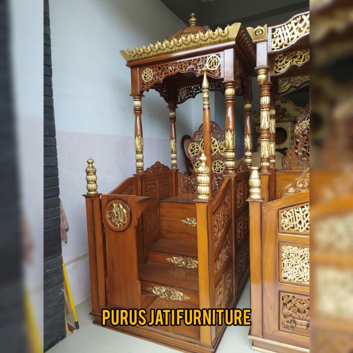 PJ1 Mimbar Masjid Kubah Pintu Depan 3 Trap Bahan Kayu Jati Ukiran Jepara