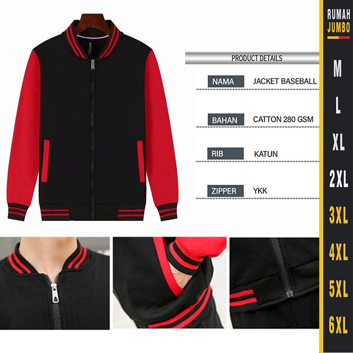 Jaket Bomber Varsity Hitam Merah Oversize XXL - 6XL Sweater Baseball Pria Wanita Jumbo Big Size