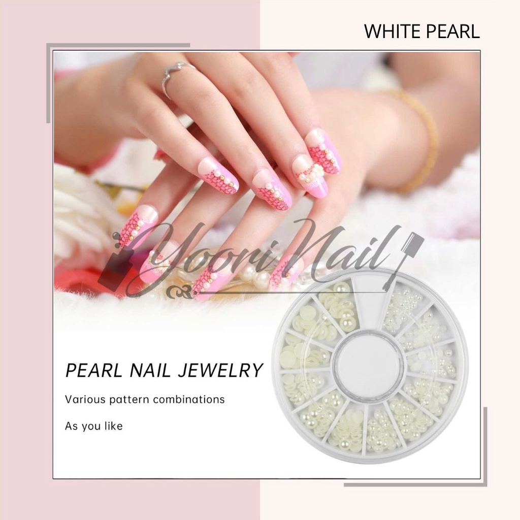 White pearl wheel mutiara putih rhinestones nail art hiasan kuku half pearl