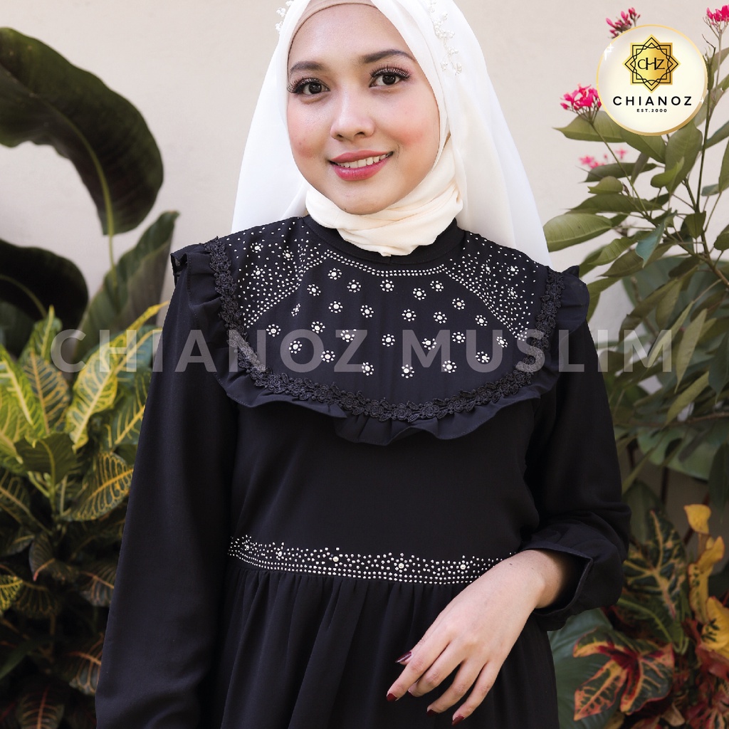 CHIANOZ Gamis Hitam Mewah Kirana Dress Brukat Renda Baju Lebaran Umroh Haji Manasik Pesta Akad 315