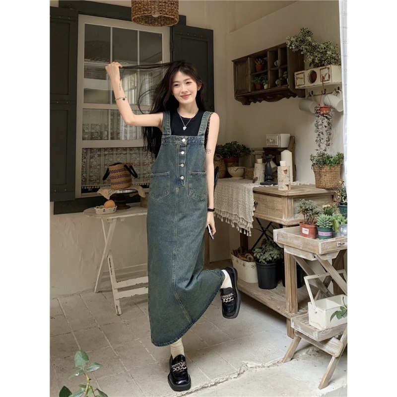 Red Kumikumi Hong Kong style retro old denim suspenders skirt wanita musim semi longgar slim mid-length dress tide