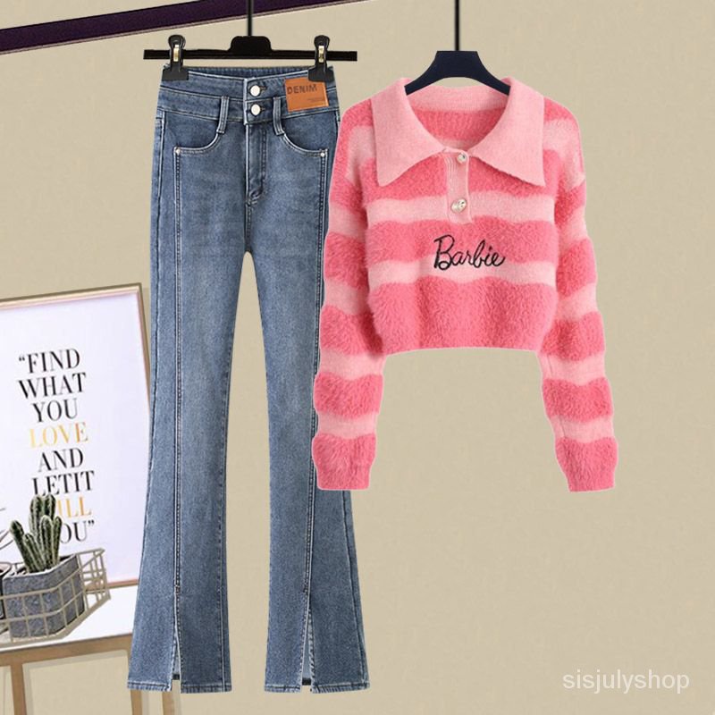 [✅BISA COD] #Sisjuly# Setelan jumper jeans jumper leher polo bergaris baru wanita set dua potong