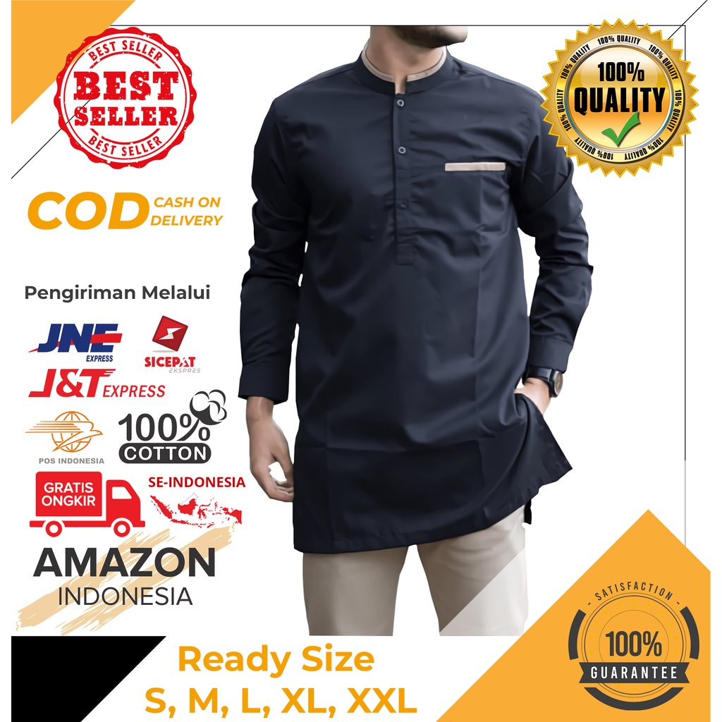 Baju Koko Pria Dewasa Lengan Panjang Warna Hitam Terbaru Series - Baju Muslim - Koko Lengan Panjang - Kemko Hadroh - Busana Muslim - Takwa Kurta Modern Premium El Rumi Hitam