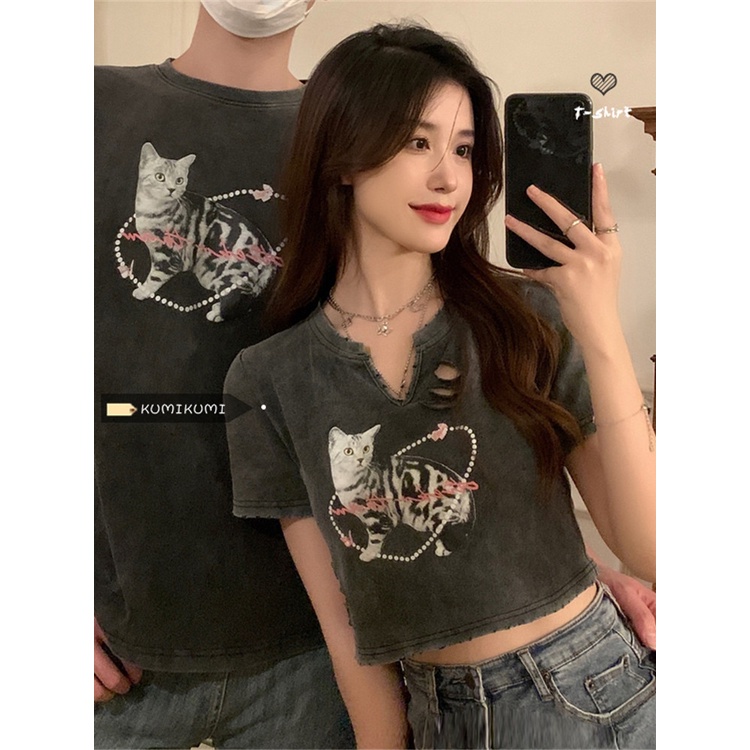 Red Pasangan Memakai Lengan Pendek T-shirt Wanita Rasa Desain Musim Panas Retro Hong Kong Rasa Kucing Kemeja Hot Gadis Pendek bagian Lubang Atas