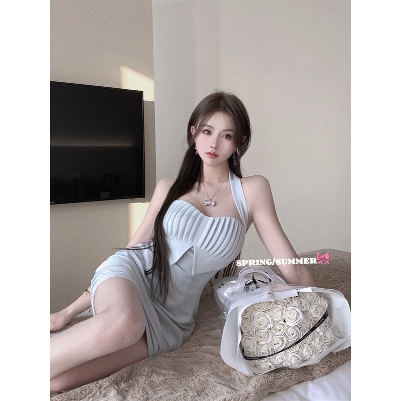 Red Seksi menggantung leher suspender dress perempuan musim panas hot gadis backless pinggang tas pinggul rok dengan ramping satu langkah rok rok pendek