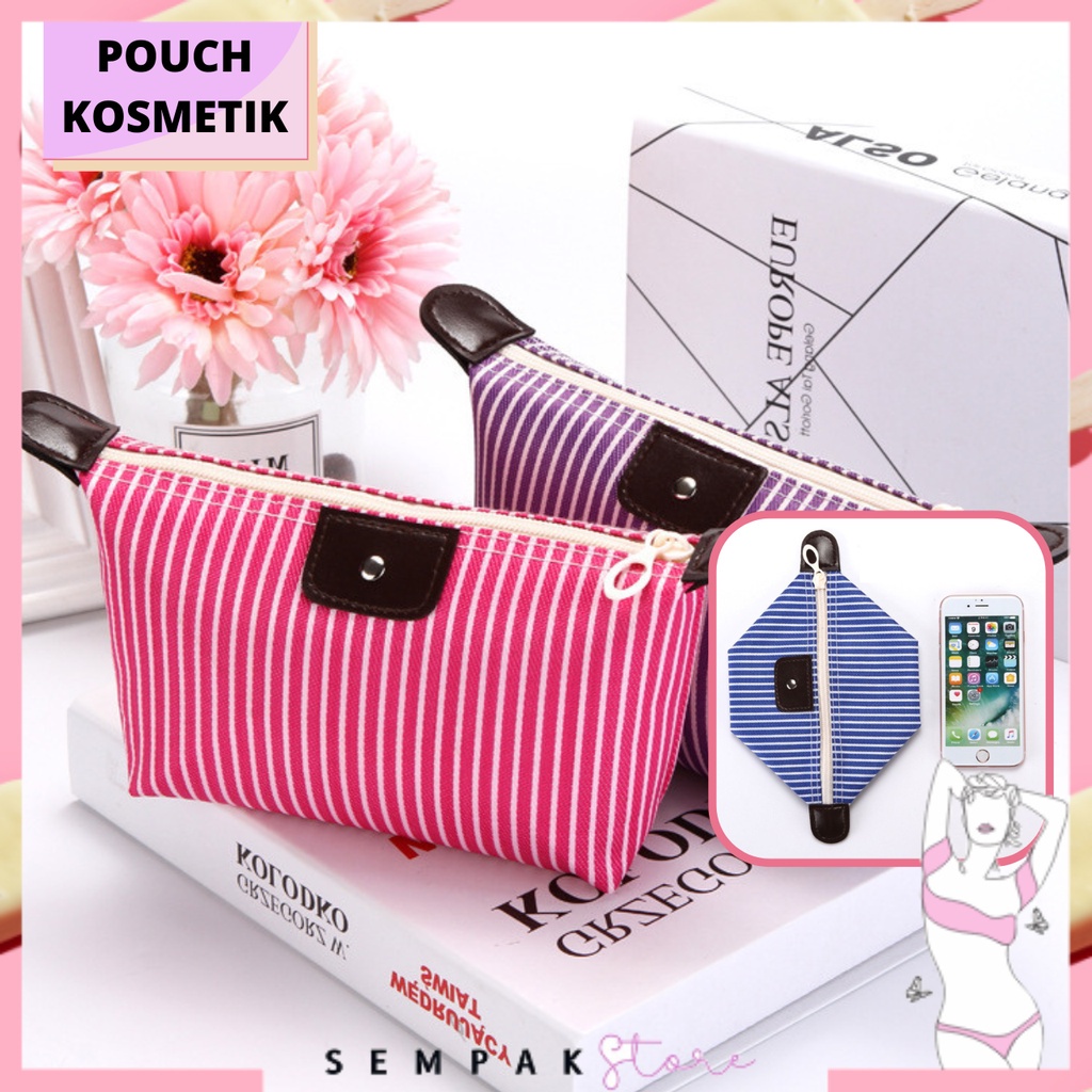 SS Tas Pouch Kosmetik Makeup Alat Mandi Organizer Anti Air Motif Garis Kosmetik Pouch Garis Belang Murah Import