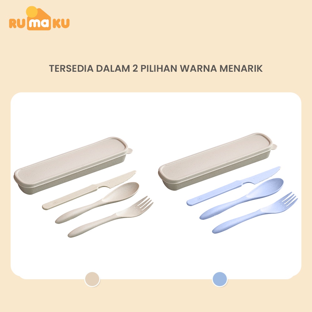 Rumaku Set Alat Makan 3 pcs Sendok Garpu Pisau Set Bahan Plastik Jerami dengan Kotak