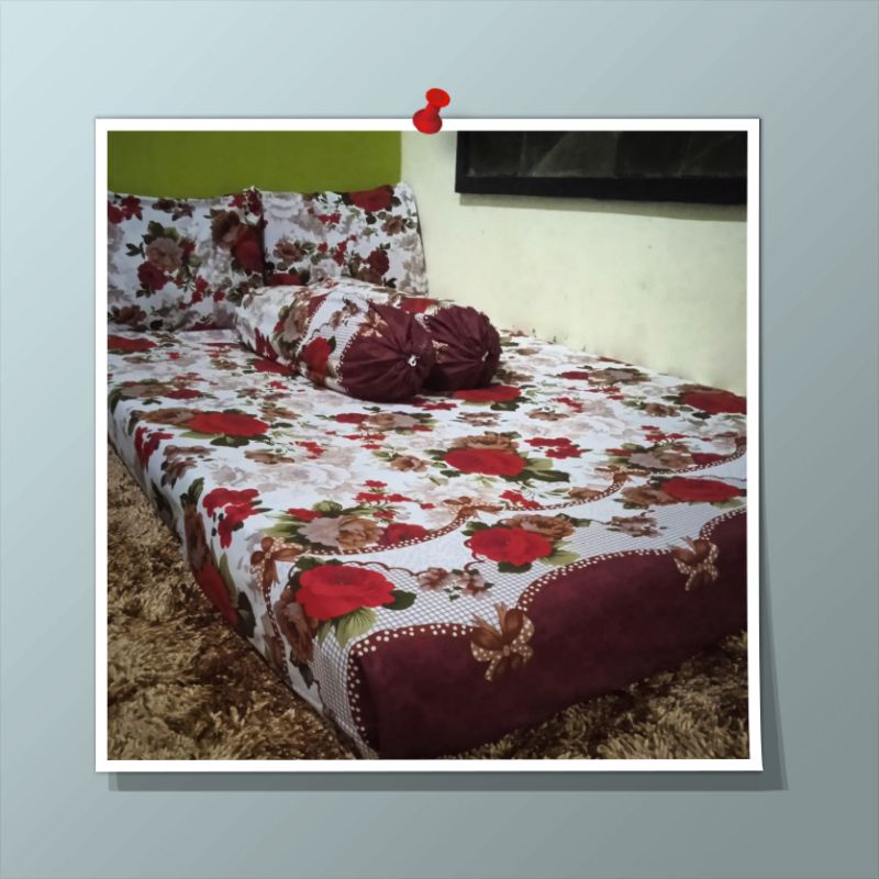 Sprei Katun Motif Bunga Mawar Merah 90x200 120x200 160x200 180x200 200x200