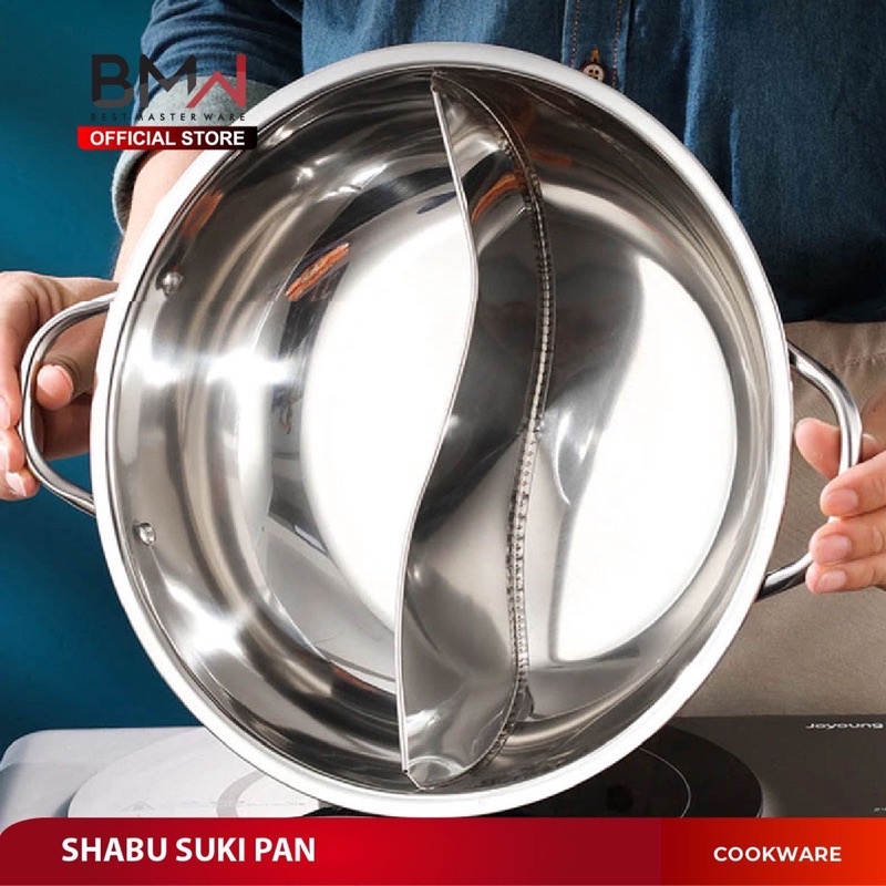 PANCI SHABU 2 SEKAT TUTUP KACA 28CM 30CM - PANCI HOT POT STAINLESS STEEL - STEAMBOAT REBUS - PANCI BUBUR 2 BAGIAN