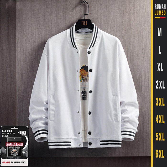 Jaket Bomber Putih Polos Sweater Varsity Baseball Pria Wanita Jumbo Big Size XXL - 6XL