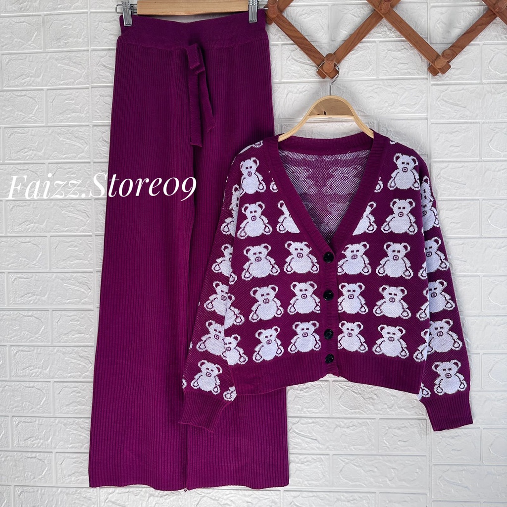 ONESET HELIMA CROP RAJUT MOTIF BEAR FULL KANCING SETELAN CELANA KULOT PREMIUM WANITA