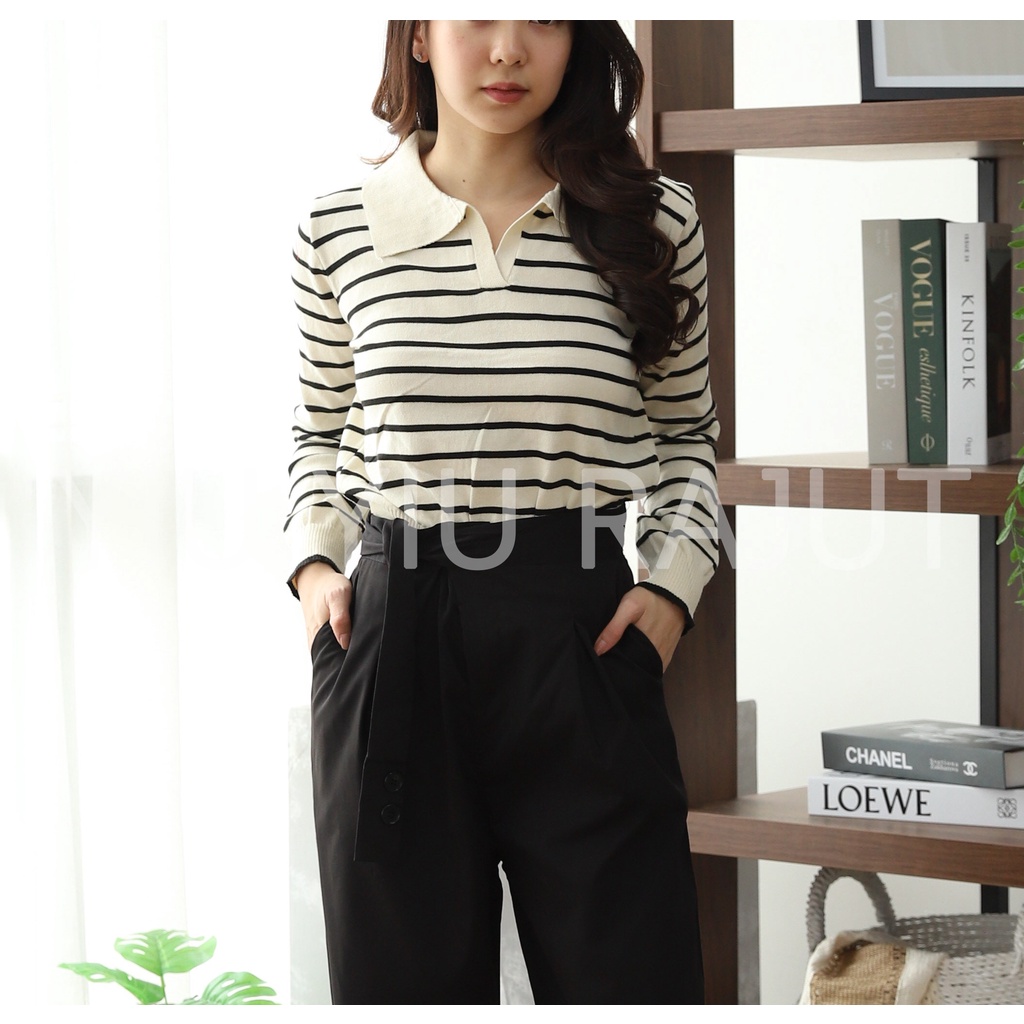 YIU YIU Rajut - Stripe Knit Crop Top Lengan Panjang Wanita Polo Shirt